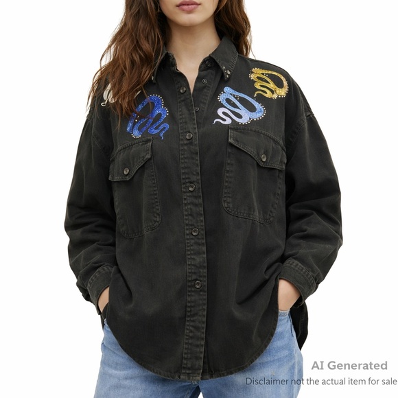 22nd TERRACE Tops - 22nd Terrace M Black Oversized Denim Shirt Rhinestone Embroidery Y2K